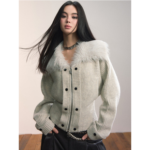 VIAPITTI重磅设计感毛领收腰大袖子毛织外套