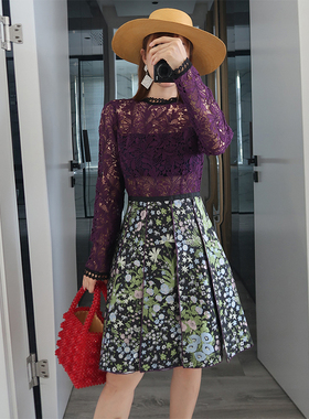 【清货折ML】whole9yard 紫色蕾丝拼接印花重工连衣裙