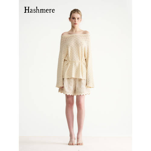 Hashmere 26SS 镂空钉珠长袖上衣宽松针织衫亚麻提花刺绣宽松短裤