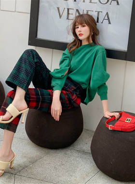 【清货折】Danielle Guizio正品 绿色格纹拼接抹胸长裤西装