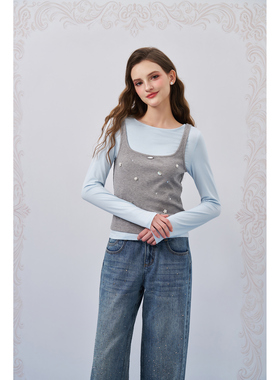 Three Quarters 26SS新款 蓝色真两件学院风手工钉珠T恤