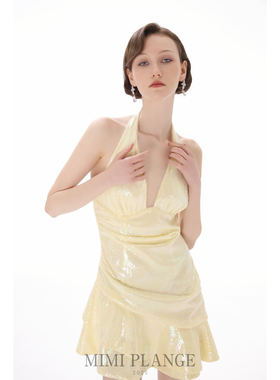 MIMI PLANGE25SS高开领收腰轻褶斜裁层次挂脖亮片裙