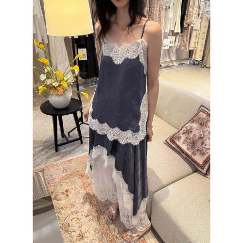 设计师女装ODTD26春夏休闲舒适藏青色蕾丝吊带