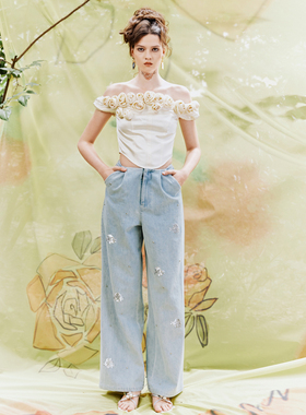 【清货折】LUMING ROOM 玫瑰花瓣泡泡袖鱼骨型上衣设计阔腿牛仔裤