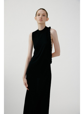 NONETONE 石墨黑天丝混纺罗马绳露背针织小高领连衣裙