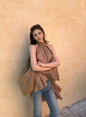 CNLEEWEI 26SS新品春夏 光泽感蕾丝飘带微透鎏金不规则层次上衣