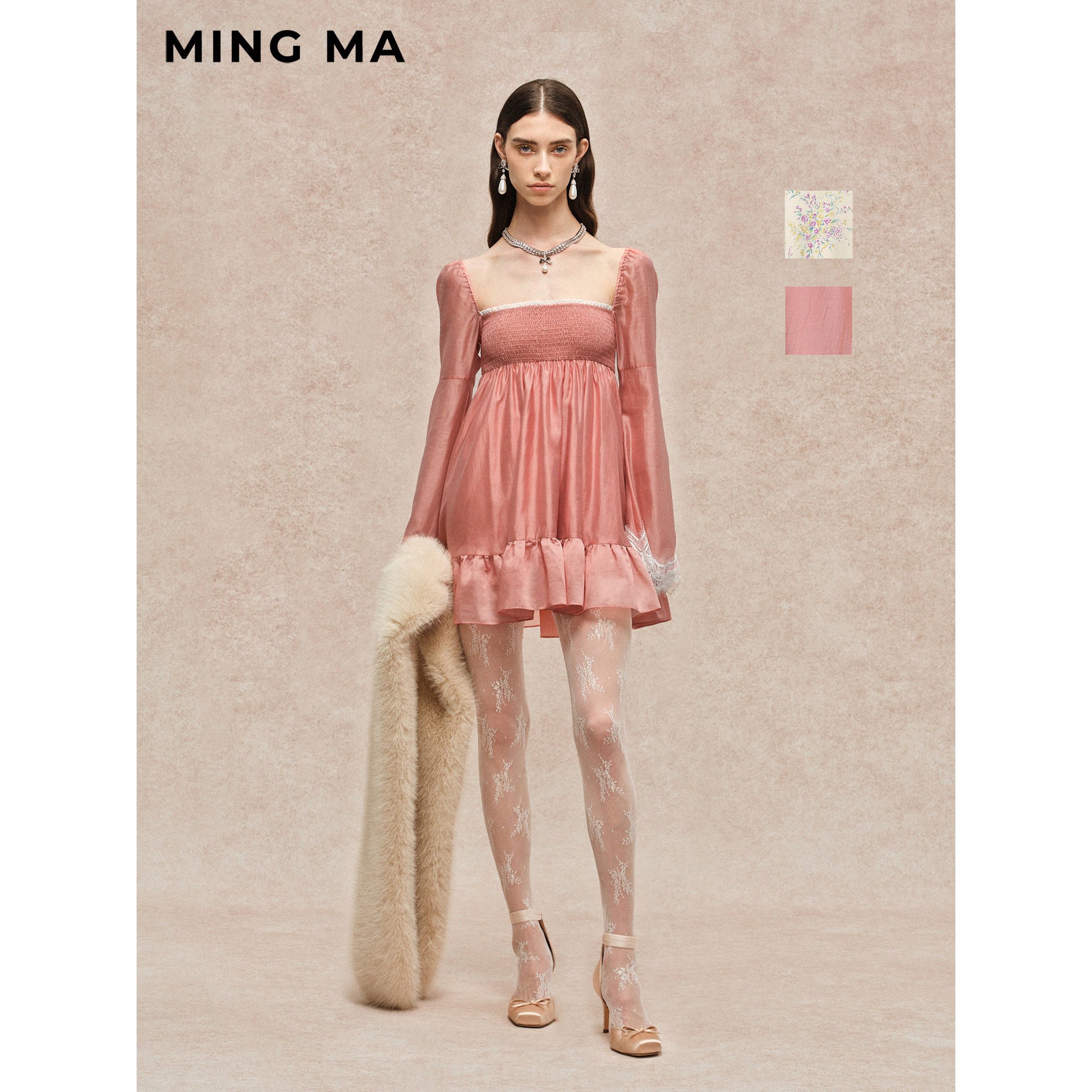【新品】MING MA 2026秋冬系列 甜美复古 司马克长袖短连衣裙
