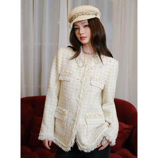 米白粗花呢毛边多袋短外套白色毛呢阔腿裤 Maison Wester25秋季