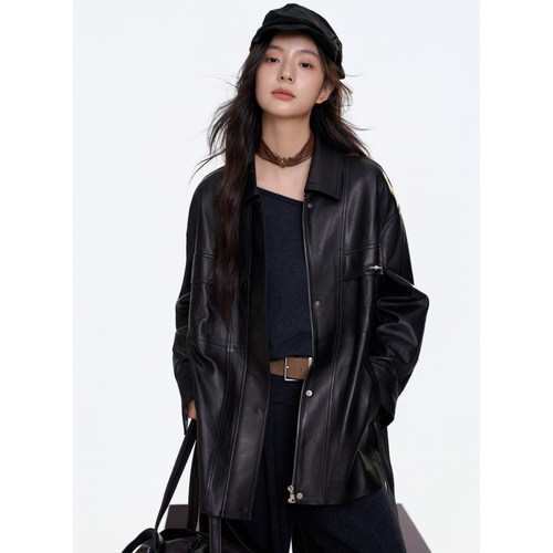 Aimme sparrow25FW黑色口袋系带长皮衣