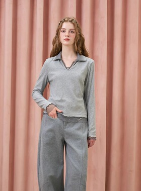 Three Quarters25AW 细闪灰色假两件POLO领长袖上衣