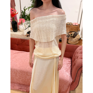 新品 26春季 亚麻混纺珠片纱拼接一字肩翻领针织背心 ZHI 现货XU