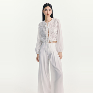 棉质褶饰阔腿长裤 ESTER 苎麻拼接蕾丝开襟绑带衬衫 25SS HSU