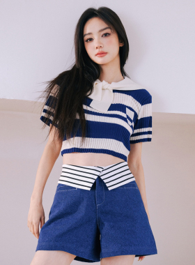 设计师deepmoss2S年新款 条纹海军领短上衣条纹翻边牛仔短裤