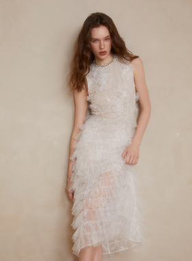 CEE CUBED官方授权25AW 白色蕾丝立体花朵无袖蛋糕裙