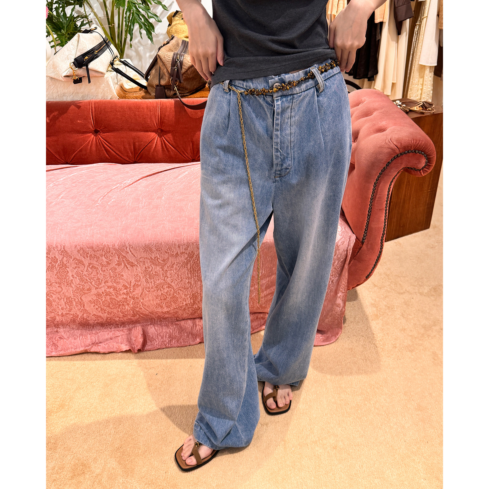 XU ZHI 26春季新品 牛仔宽松直筒裤(附编绳串珠链条腰带)