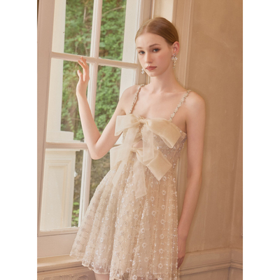 Wardrobes by chen2025SS 小雏菊绣珠网纱蝴蝶结连衣裙