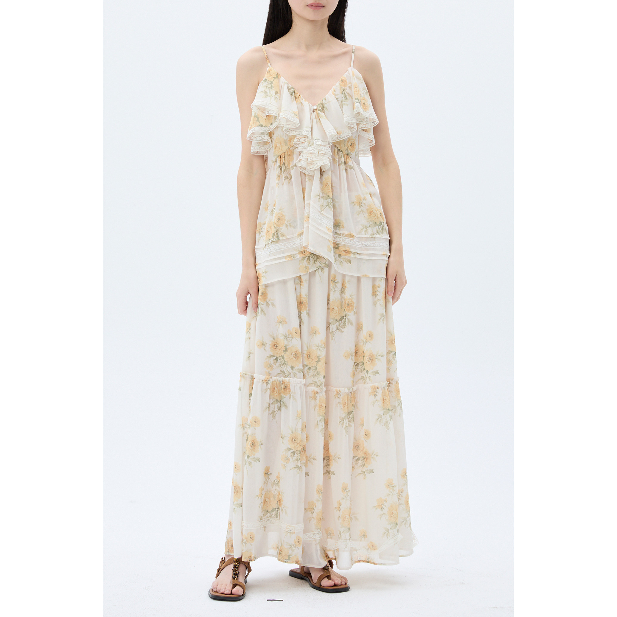 XU ZHI 26SS新品 荷叶边蕾丝装饰印花吊带上衣 抽褶印花半裙