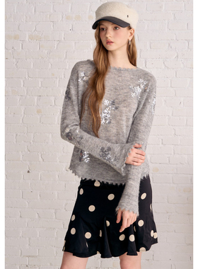 Aimme sparrow25FW亮片雪花花边长袖蕾丝边小波点半裙