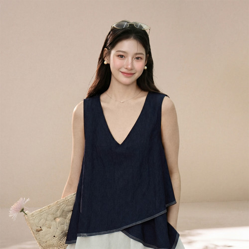 FOR WHY 韩系层次设计感无袖V领宽松遮肚通勤上衣