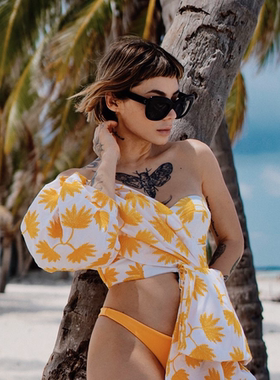 【清货折】ACLER 2J春季新款泡泡袖短款单肩抹胸上衣黄色半裙