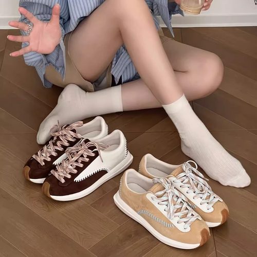 lost in echo2025早秋新款复古撞色拼接羊皮超轻厚底棒球阿甘鞋女