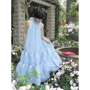 MING 蓝色 优雅蝴蝶结挂脖连衣裙 款 白色 明星同款 经典