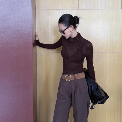 CNLEEWEI 25秋季新款可拆玫瑰蕾丝绑带卷边针织打底上衣