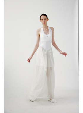 NONETONE · 白色刺绣挂脖露背针梭拼连衣裙