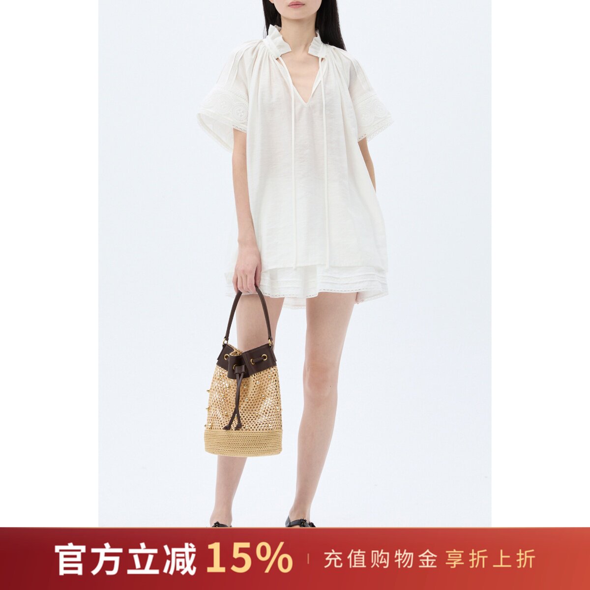XU ZHI 26SS新品 蕾丝拼接压褶装饰短袖上衣 压褶装饰迷你裙裤