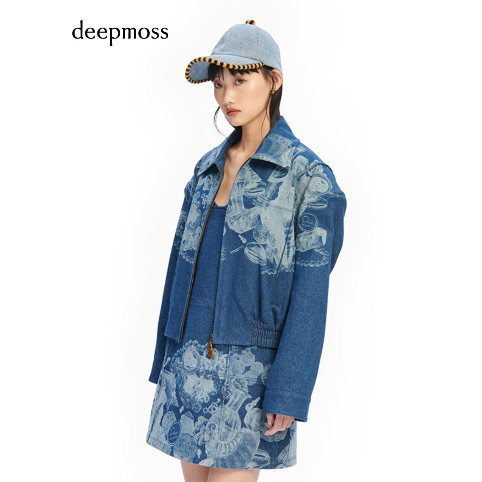 【deepmoss】2023秋季新款深海宝藏镭射牛仔短外套牛仔拼接吊带裙 女装/女士精品 时尚套装 原图主图