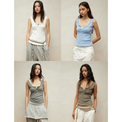 SQUARE CIRCLE 26SS 方圆度假感蕾丝风领拼接亨利领叠穿工装背心