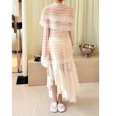 NONETONE 奶杏色镂空针织披肩领条纹长袖 上衣