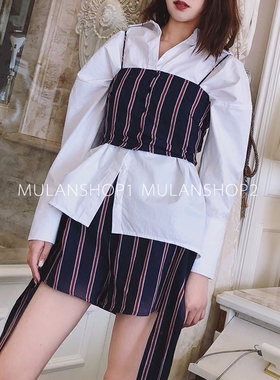 【清货折短裤XSM】The fifth 紫色竖条纹吊带上衣/竖条纹短裤