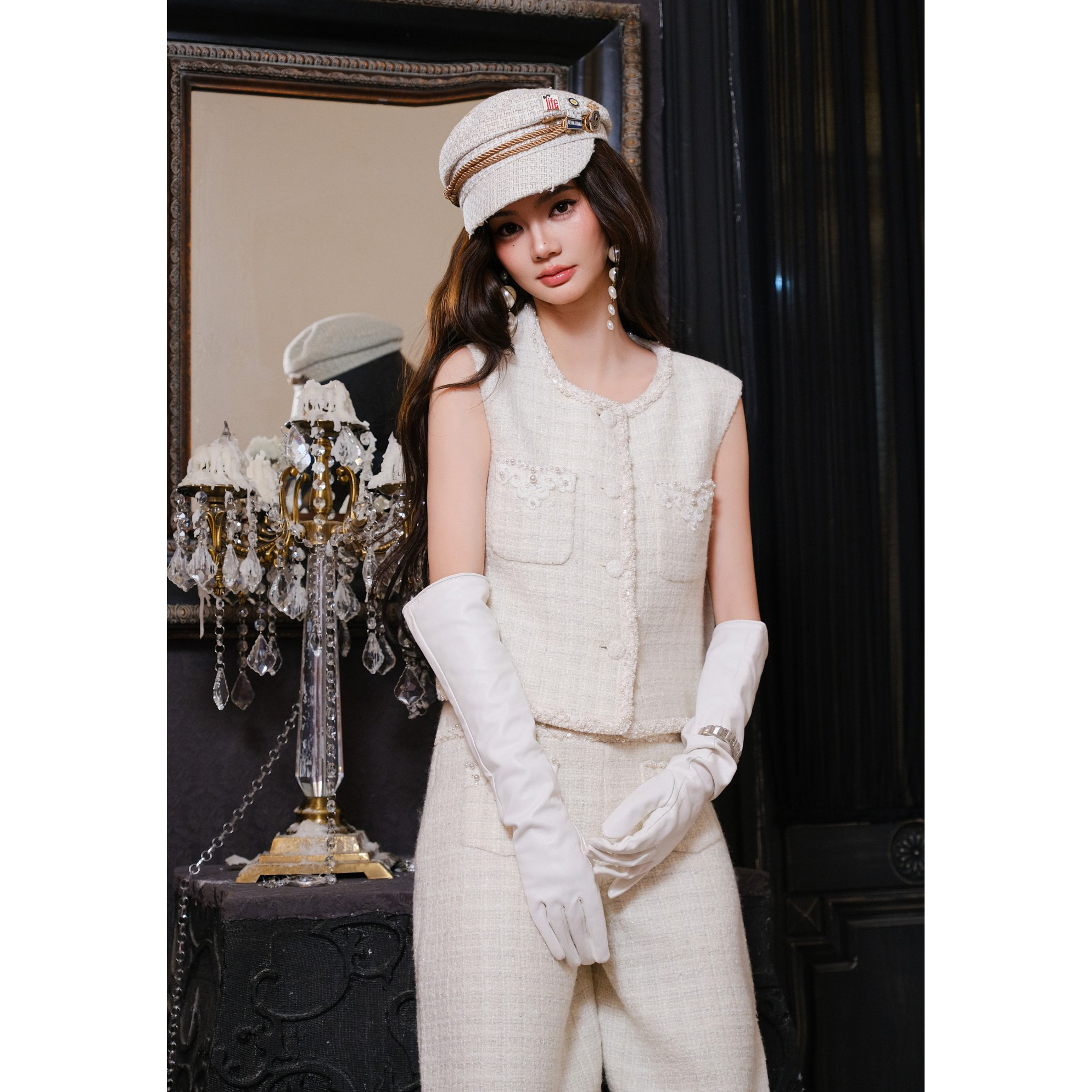 Maison Wester25秋季 白色小香风无袖拼蕾丝马甲高腰开衩半身裙