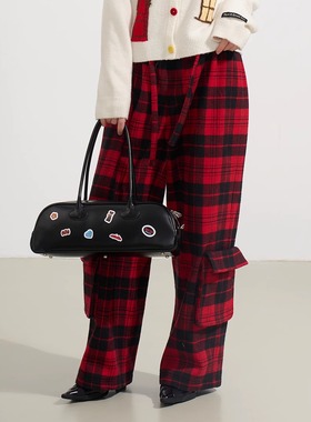 SOFITTE 25AW秋季 红色格纹休闲工装 口袋直筒阔腿裤