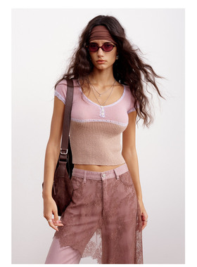 IF BY LAND 设计师品牌2026春季新品紫色拼接圆领修身针织衫