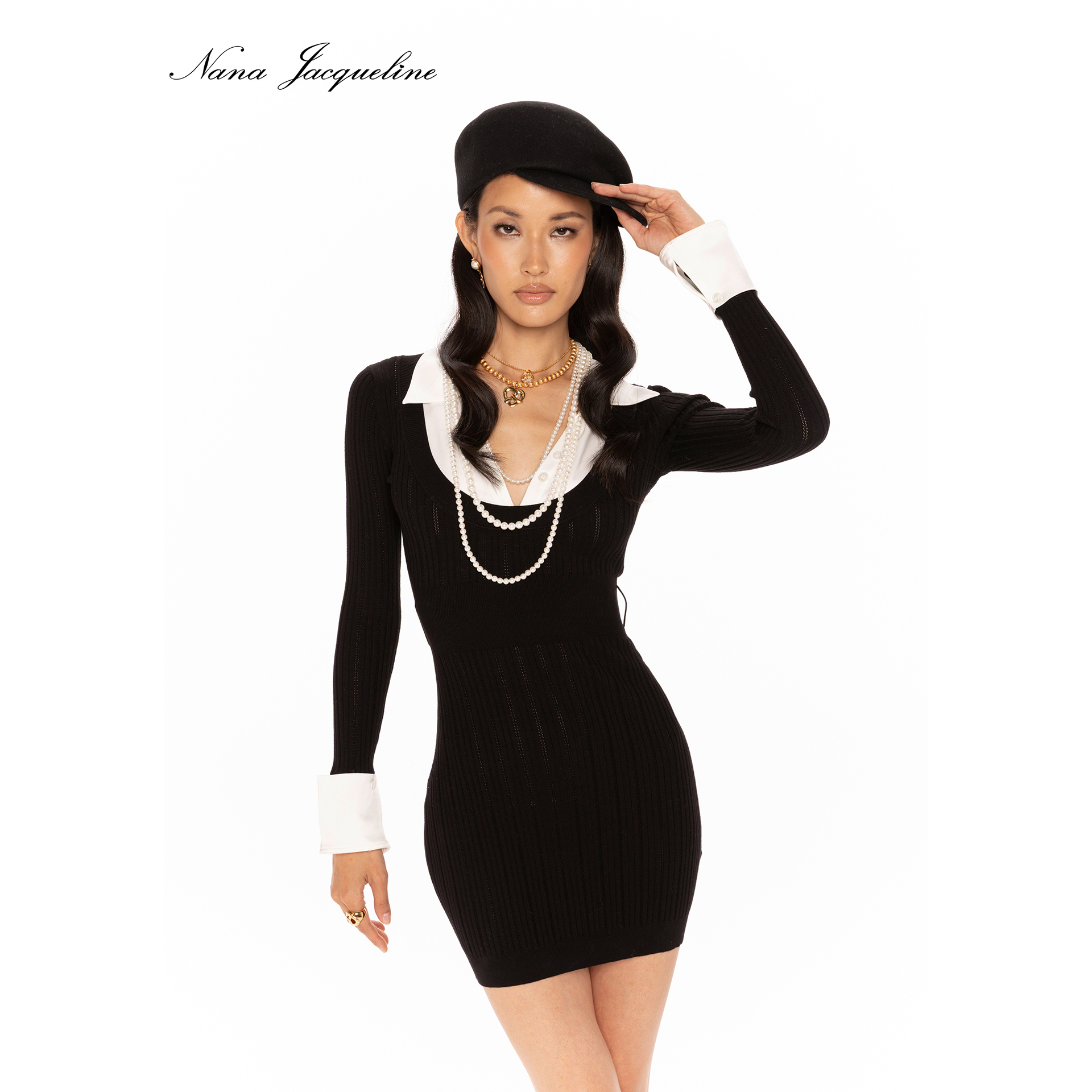 Nana Jacqueline 25AW 缎面拼针织假两件连衣裙腰带装饰针织短裙