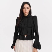 Maison 网纱半裙 衬衫 Wester25秋季 黑色多层荷叶双层衣摆泡泡袖