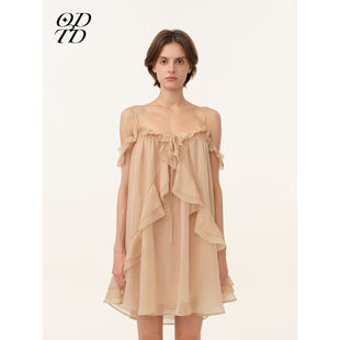 半透雪纺荷叶边系带吊带裙连衣裙 ODTD26春夏新款 设计师女装