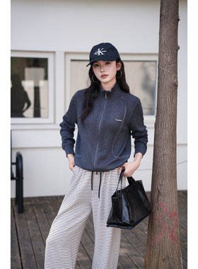 Queen Date 25AW秋冬  黑色休闲拉链长袖外套腰口拼接条纹阔腿裤