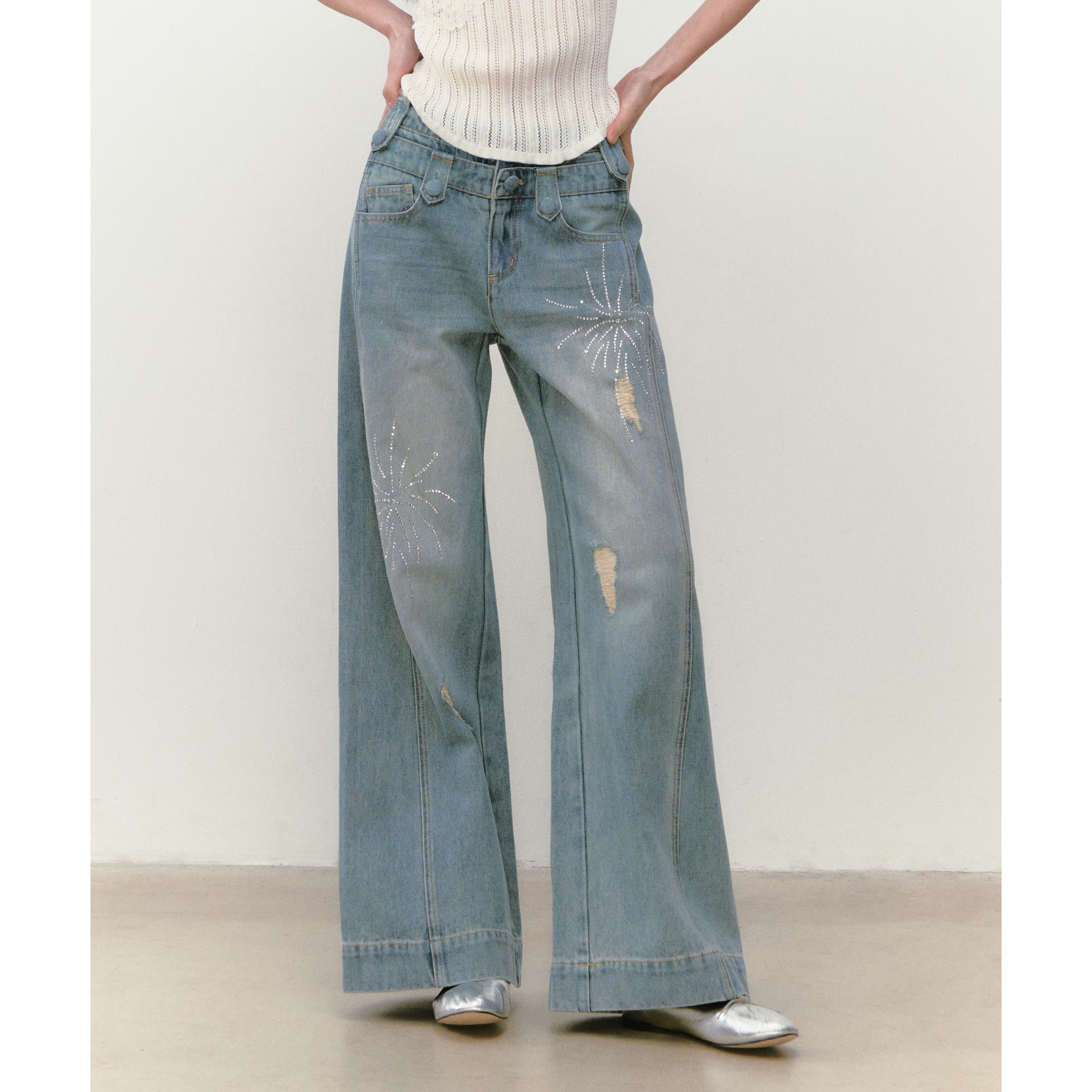 VIAPITTI重工设计感烟花水钻双腰头牛仔裤女装夏季宽松复古直筒裤