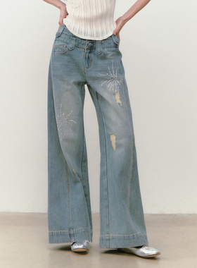 VIAPITTI重工设计感烟花水钻双腰头牛仔裤女装夏季宽松复古直筒裤