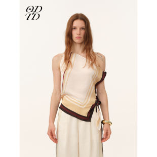 花卉条纹方巾斜肩T恤上衣女度假风 ODTD26春夏新款 设计师女装