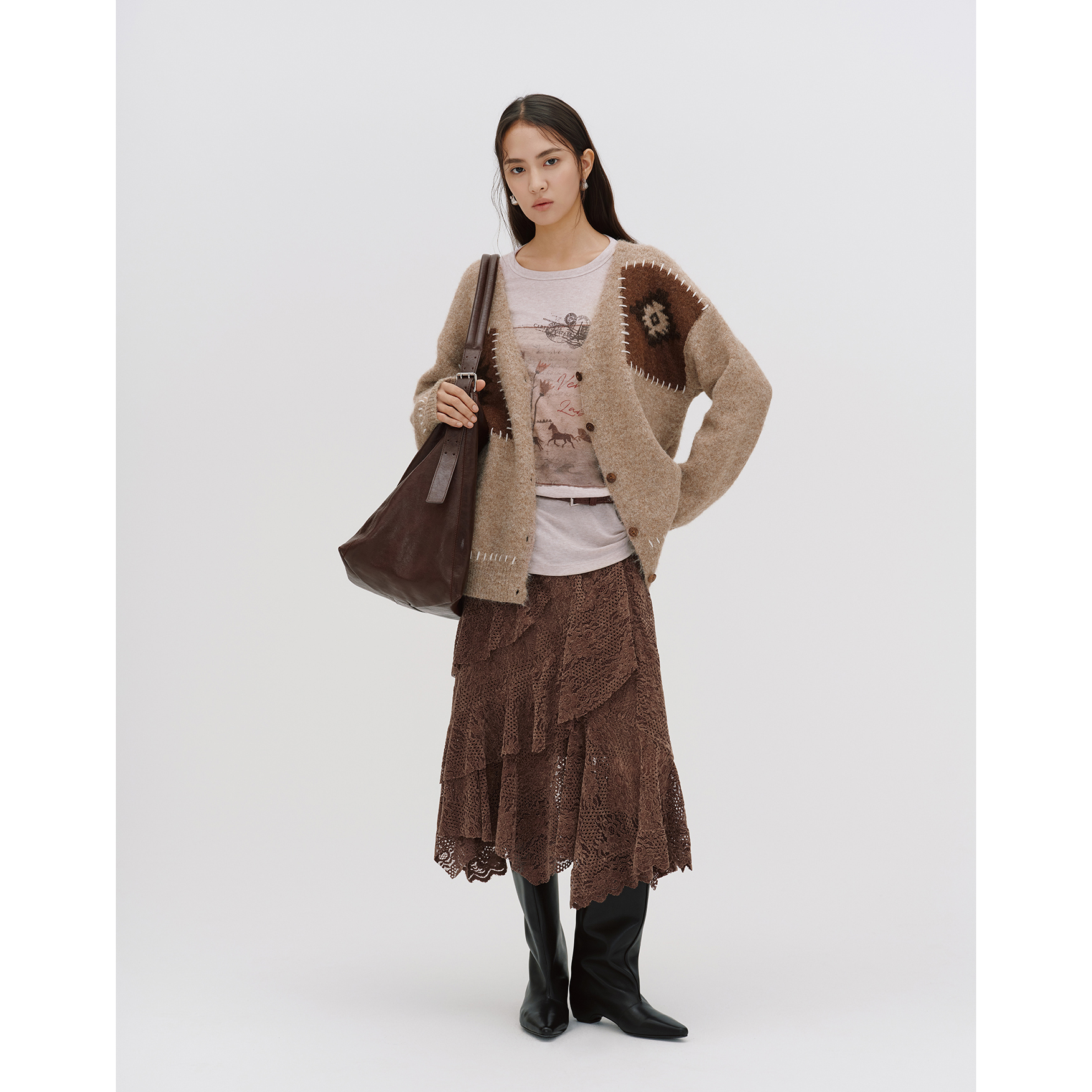 Vena Label 25FW秋季新款 复古宽松针织毛衣开衫外套 蕾丝半身裙