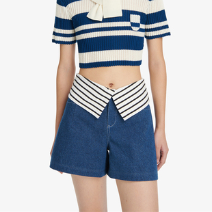 【清货折S】设计师deepmoss新款 条纹翻边牛仔短裤 高级百搭气质