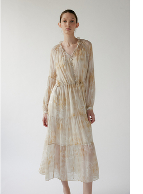 NONETONE Ethereal Relic 纱影遗光真丝印花抽褶层叠连衣裙