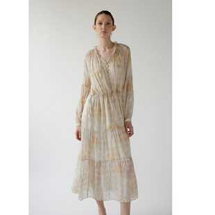 NONETONE Ethereal Relic 纱影遗光真丝印花抽褶层叠连衣裙