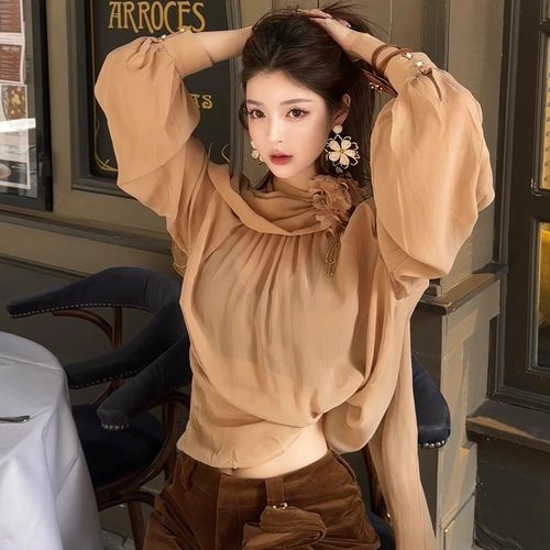 ARTE PURA2025秋季新品100%桑蚕丝浅咖色真丝飘带花朵装饰衬衫女