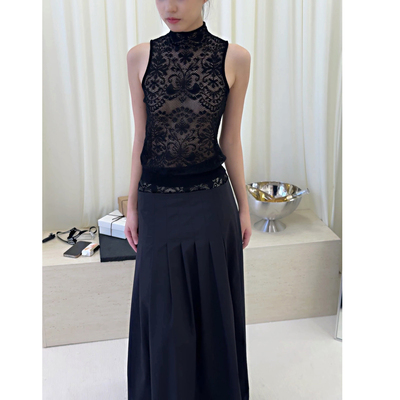 现货NONETONE石墨黑挑孔花纹无袖高领针织上衣拼渐变A摆百褶伞裙