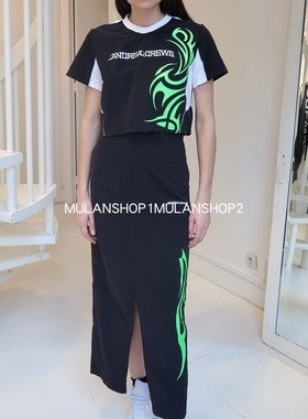 【清货折S】ANDREA CREWS秋冬银光绿抽象火焰图案T恤/开衩半身裙